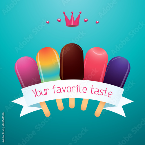 Ice cream Vector illustration Trendy poster with five different ice cream with white banner and inscription Different tasty ice cream on blue background