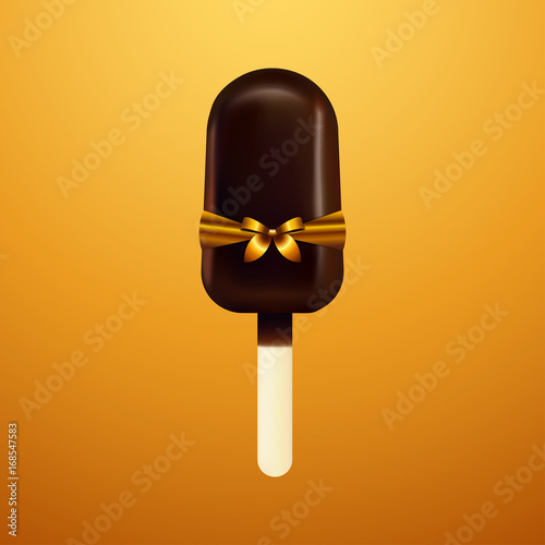Ice cream Vector illustration Icon of ice cream on stick with golden ribbon in realistic style Chocolate ice cream on yellow background