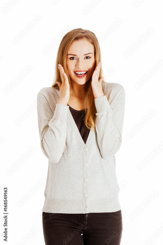 Beautiful positive and casual woman expressing surprise. Beautiful positive and casual woman expressing surprise.