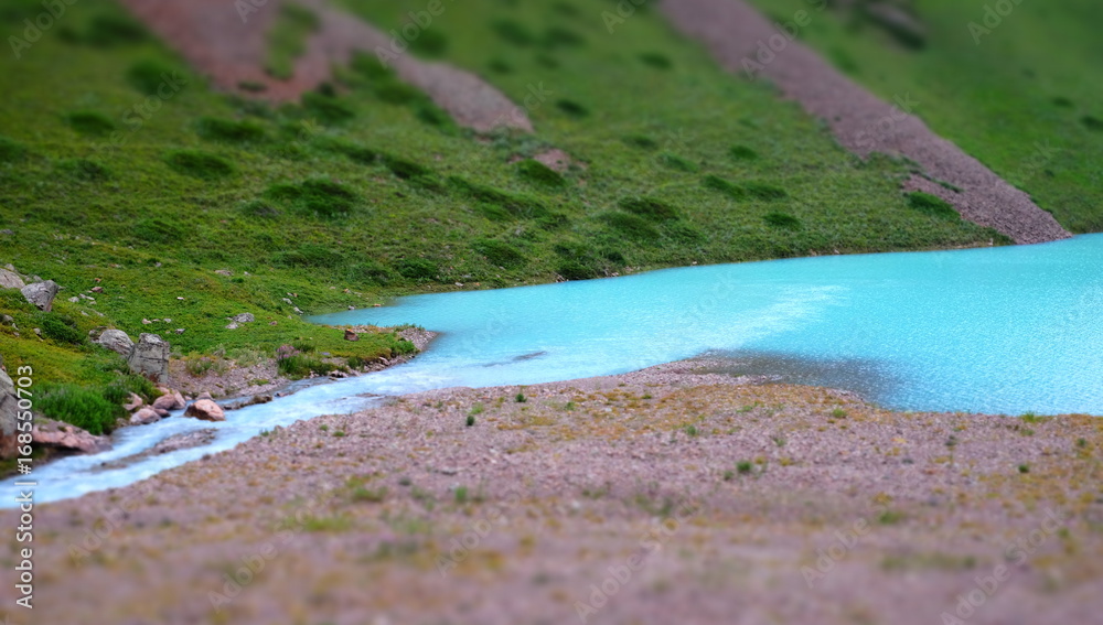 Panorama of a mountain milky blue lake