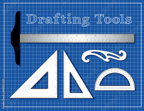Drafting Tools for Architecture, Engineers, Science and Math, T square, 45 degree triangle, 60 degree triangle, French Curve, protractor, blueprint background.