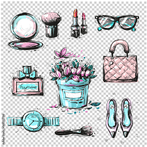 Fashion sketch collection of women accessories make up isolated