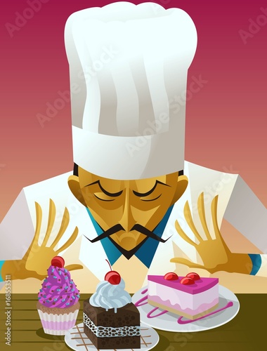 gourmet chef cooking desserts brownie, cupcake muffin and a strawberry cake pie