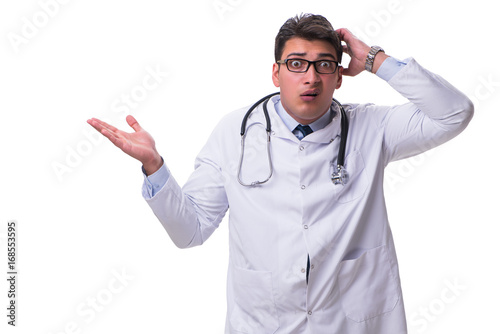 Young male doctor isolated on white background