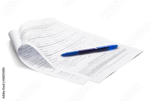 Blue color pen on form document isolated on white background with clipping path. ready to use.
