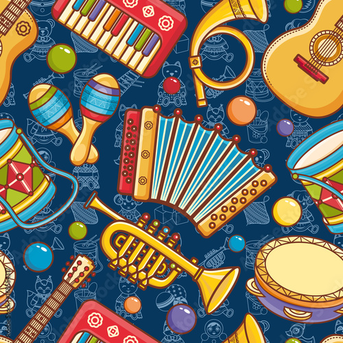 Musical instrument seamless pattern. Cartoon style