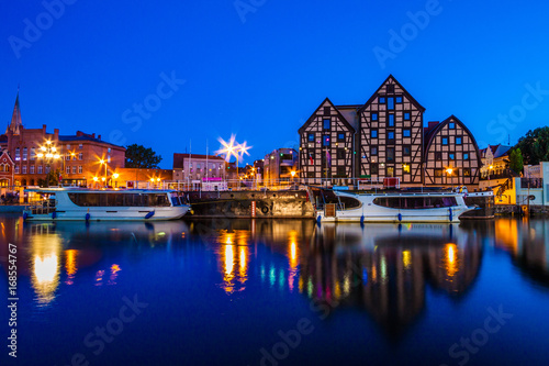 Old Town and granaries by the Brda River at night. Bydgoszcz. Poland