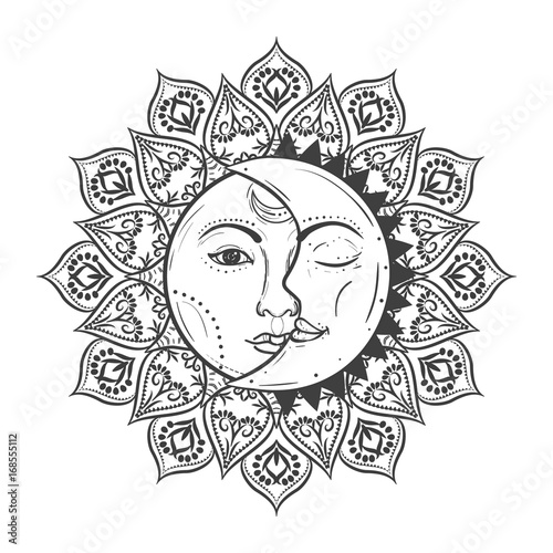 Sun eclipse concept. Vector illlustration of astronomy and astrology symbol. Vintage, boho, gypsy style.