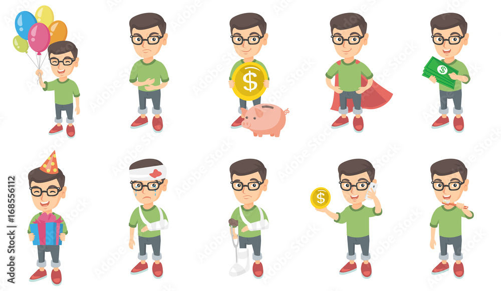 Little caucasian boy set. Boy holding balloons, gift box, having stomach ache, wearing superhero costume, brushing his teeth. Set of vector sketch cartoon illustrations isolated on white background. Little caucasian boy set. Boy holding balloons, gift box, having stomach ache, wearing superhero costume, brushing his teeth. Set of vector sketch cartoon illustrations isolated on white background.