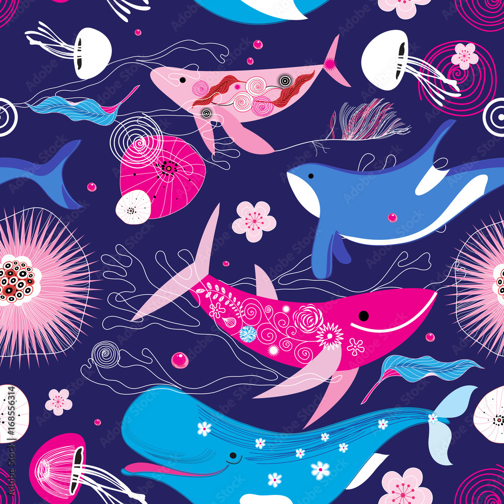 Obraz premium Vibrant vector pattern of different whales