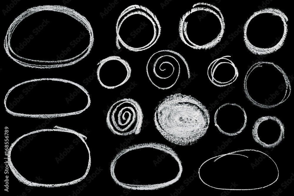 set of hand drawn chalk circles isolated on black background - obrazy, fototapety, plakaty 