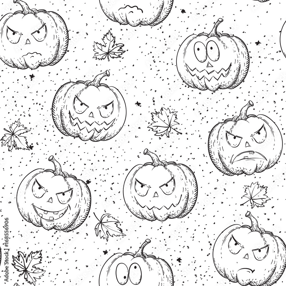 Halloween seamless pattern. Vector background with many pumpkins at doodle style Halloween seamless pattern. Vector background with many pumpkins at doodle style