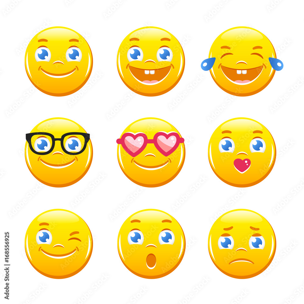 Set of cute cartoon emoticons. Emoji icons vector pack. Yellow smiley faces Set of cute cartoon emoticons. Emoji icons vector pack. Yellow smiley faces
