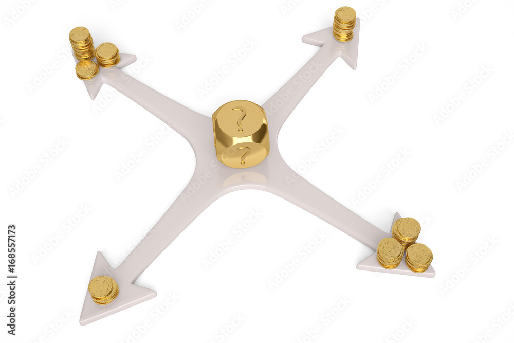 Decision concept dice and coin stacks on cross arrows.3D illustration. Decision concept dice and coin stacks on cross arrows.3D illustration.