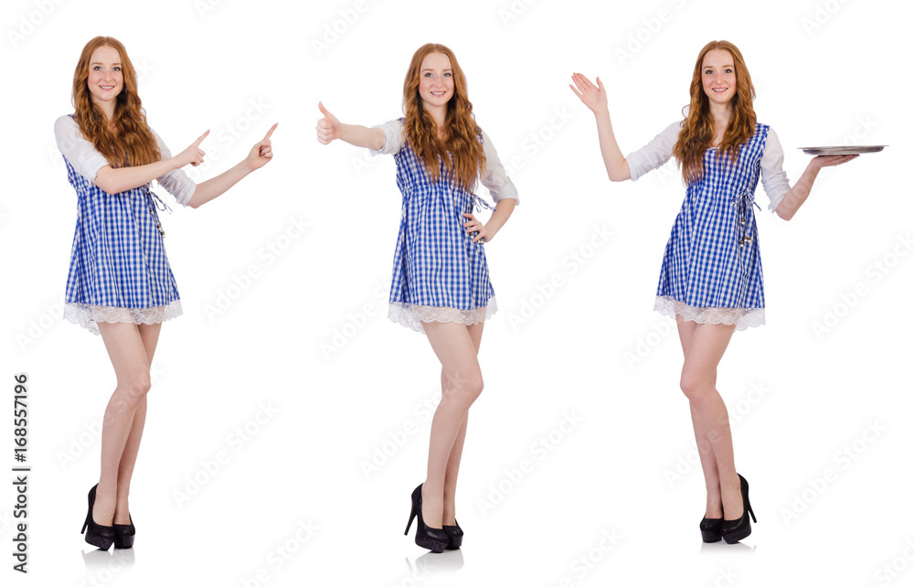 Woman pressing virtual button isolated on white Woman pressing virtual button isolated on white