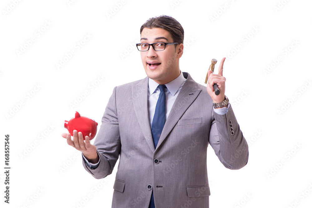 Businessman breaking piggybank isolated white background Businessman breaking piggybank isolated white background