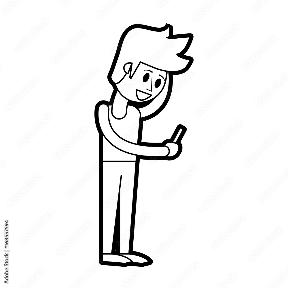 Flat line uncolored standing  man with smarpthone over white background vector illustration