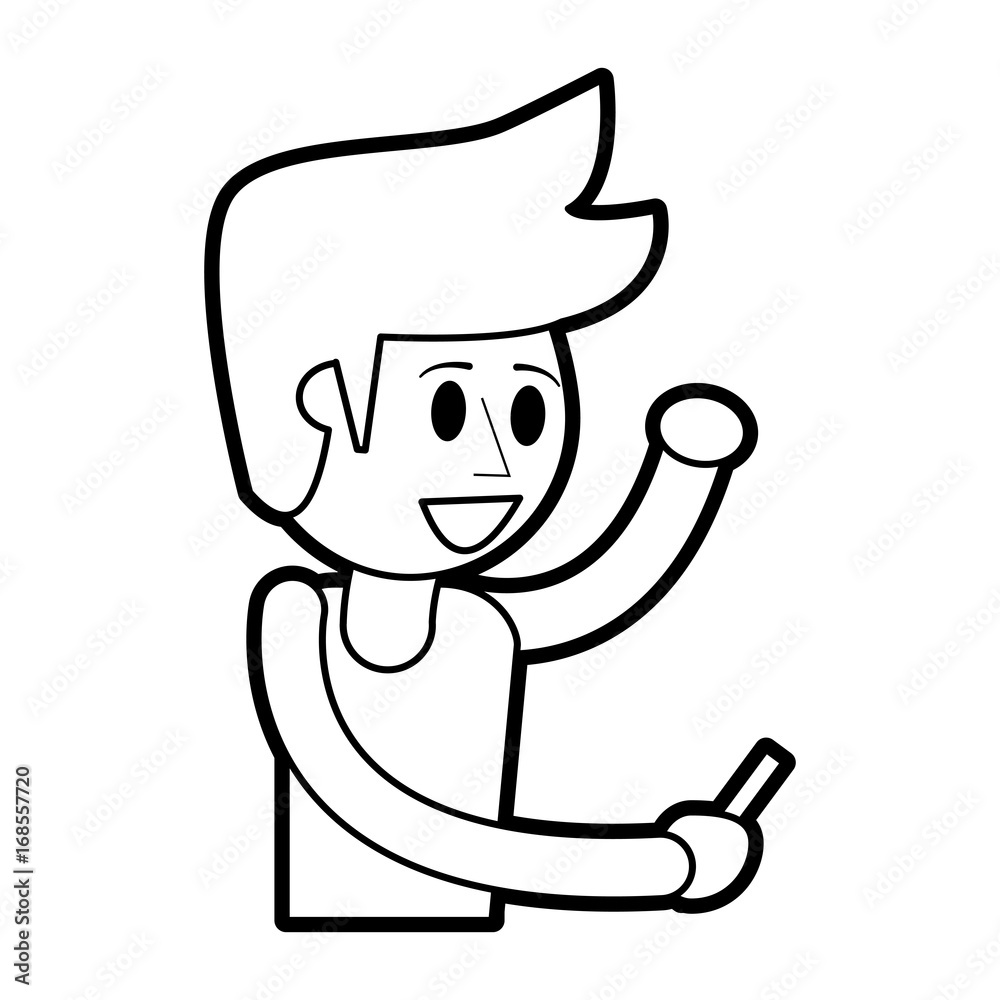 Flat line uncolored man with smartphone over white background vector illustration Flat line uncolored man with smartphone over white background vector illustration