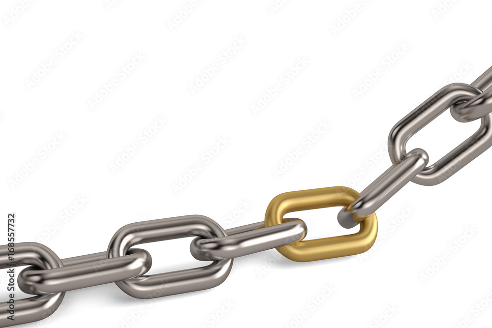 One golden link in a chrome chain on white background.3D illustration. One golden link in a chrome chain on white background.3D illustration.