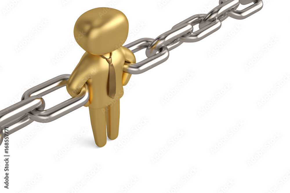 A golden character link in a chrome chain on white background.3D illustration. A golden character link in a chrome chain on white background.3D illustration.