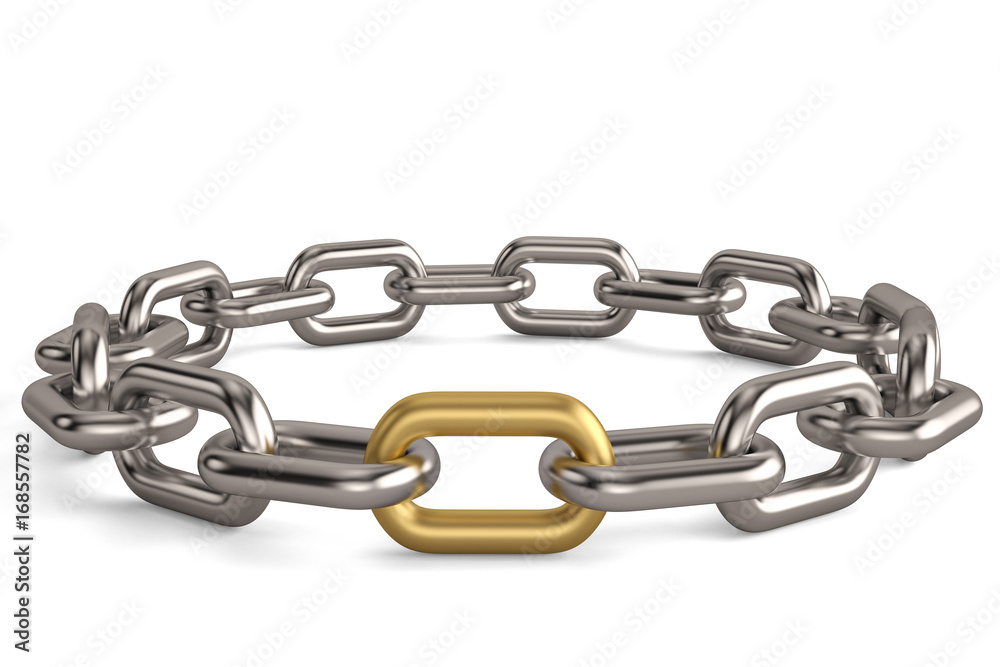 One golden link in a chrome chain on white background.3D illustration. One golden link in a chrome chain on white background.3D illustration.