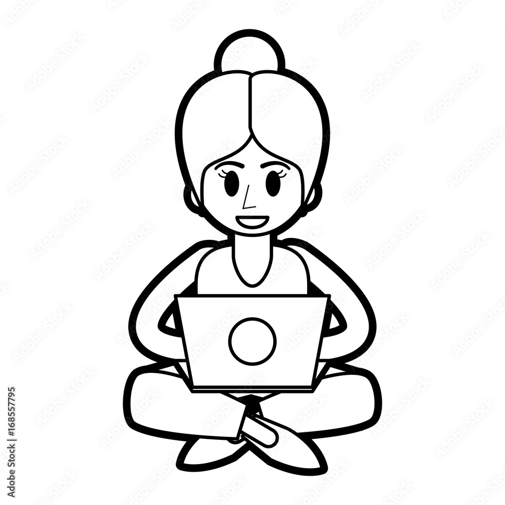 Flat line uncolored woman with laptop over white background vector illustration Flat line uncolored woman with laptop over white background vector illustration