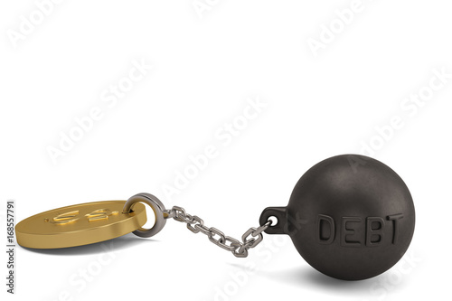 Lead ball and chain tied gold coin on white background.3D illustration.