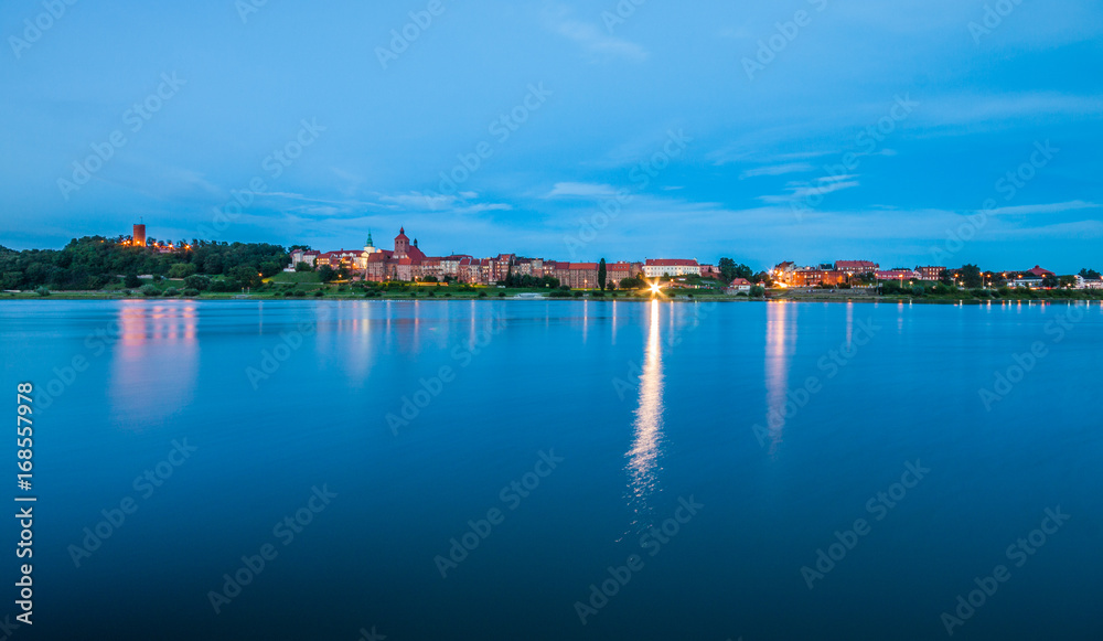 Grudziadz at night with Wisla river, Poland