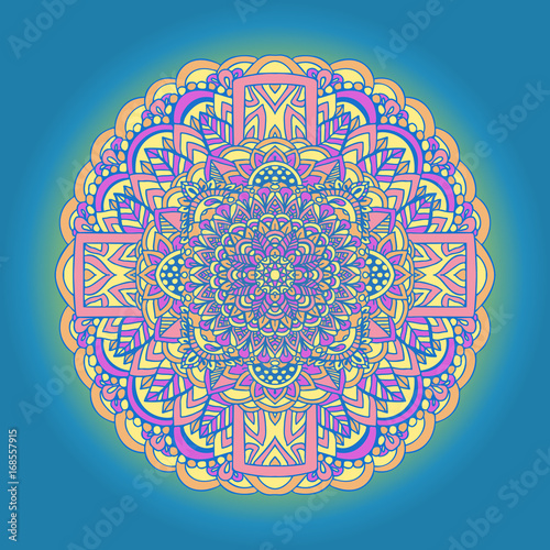 Abstract mandala ornament on blue background. Asian pattern. Orange gradient authentic background.