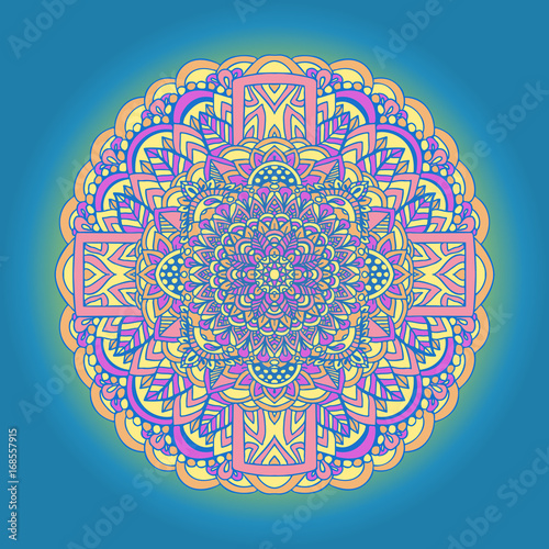 Abstract mandala ornament on blue background. Asian pattern. Orange gradient authentic background.