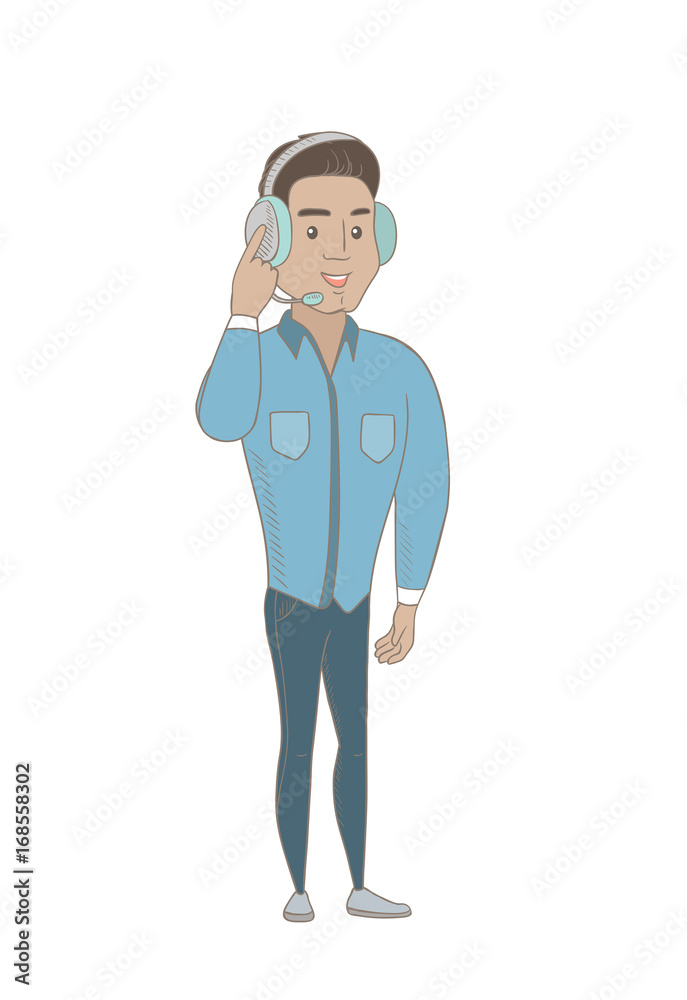 Hispanic customer service operator in headset with microphone. Young customer service operator using headset with microphone. Vector sketch cartoon illustration isolated on white background. Hispanic customer service operator in headset with microphone. Young customer service operator using headset with microphone. Vector sketch cartoon illustration isolated on white background.