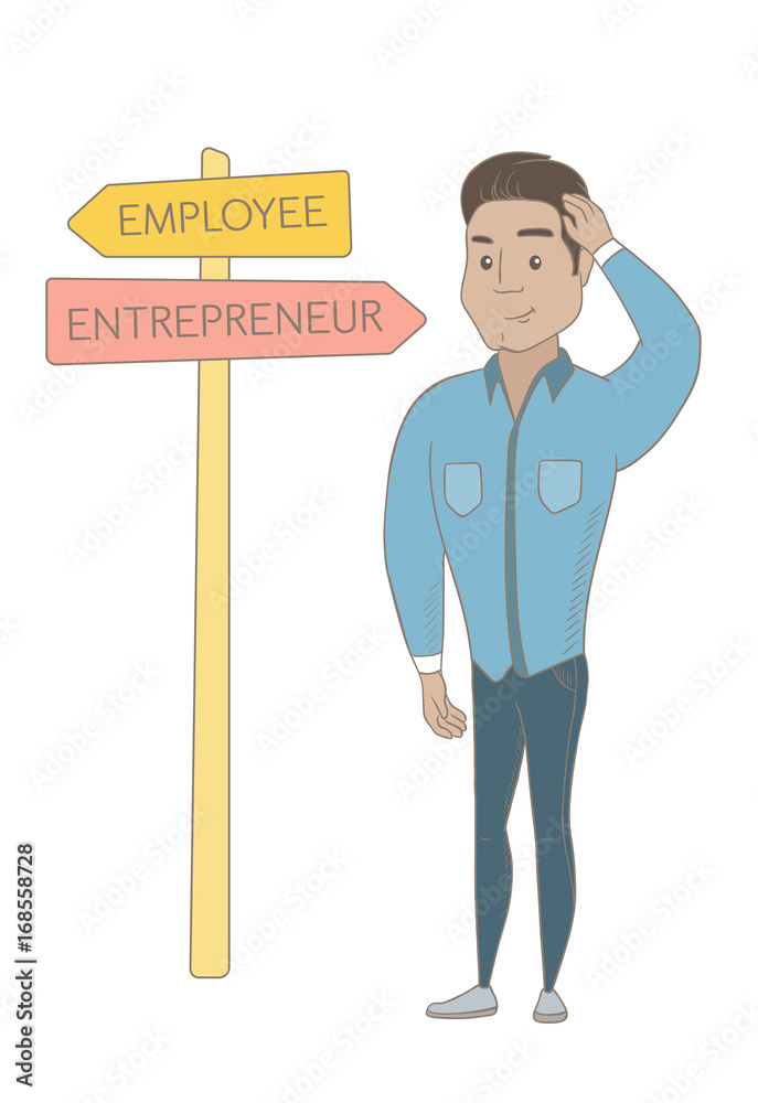 Young hispanic man standing at road sign with two career pathways - entrepreneur and employee. Man making a decision of his career way. Vector sketch cartoon illustration isolated on white background. Young hispanic man standing at road sign with two career pathways - entrepreneur and employee. Man making a decision of his career way. Vector sketch cartoon illustration isolated on white background.