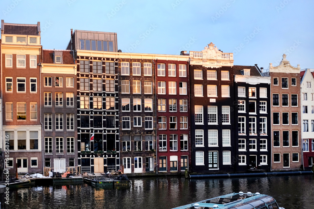 Buildings and boats in the street of Amsterdam, Netherlands