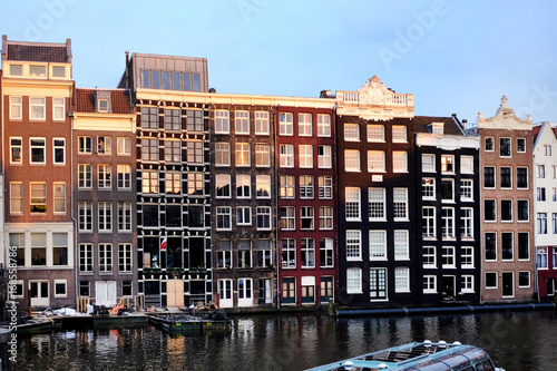 Buildings and boats in the street of Amsterdam, Netherlands