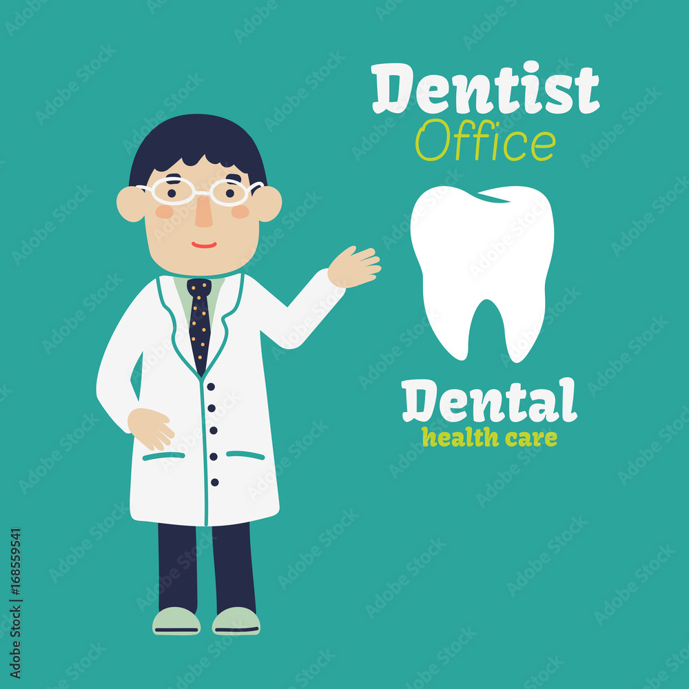 Portrait of young happy smiling male dentist with a tooth model. Medicine and health care vector concept design. Medical personnel and profession concept illustration Portrait of young happy smiling male dentist with a tooth model. Medicine and health care vector concept design. Medical personnel and profession concept illustration