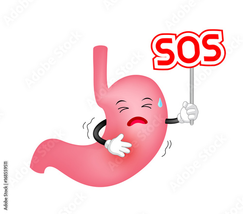 Human stomach character holding SOS sign. Internal organ requires medical treatment due to disease or impact of adverse on health. 