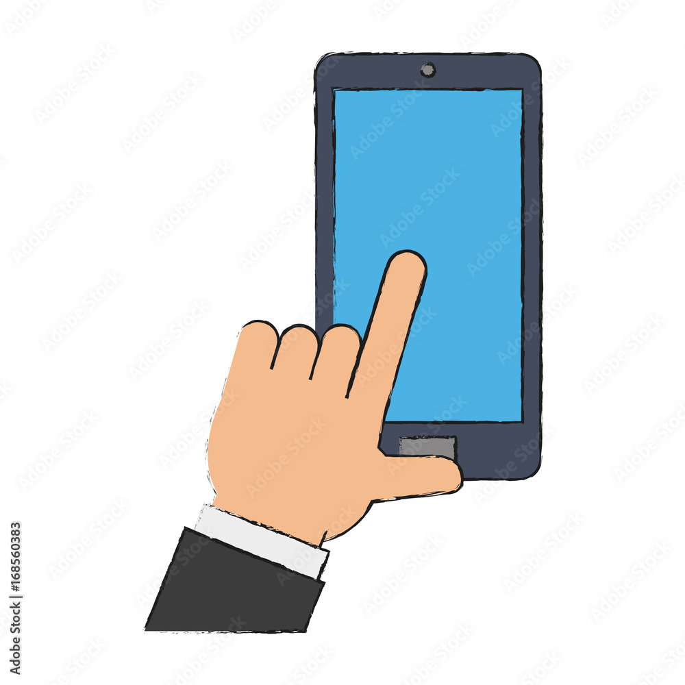 Colorful hand with smartphone doodle over white background vector illustration