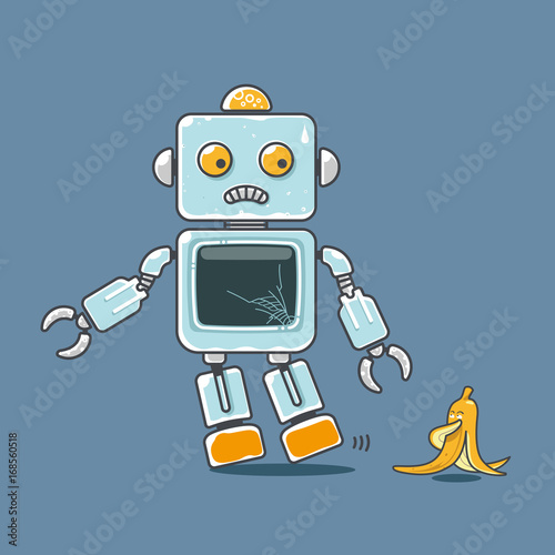 Cute robot and banana mascot isolated on blue background. Concept for accident prediction. Vector illustration.