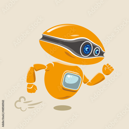 Orange robot flying fast in a hurry. Vector illustration.