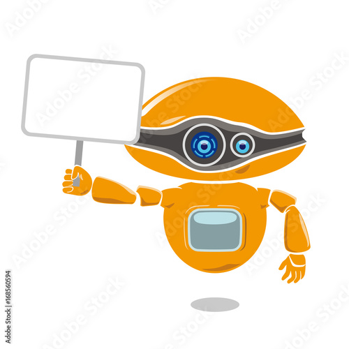 Orange robot holding a blank placard isolated on white background. Vector illustration.