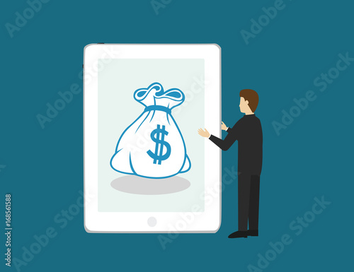 Business man with money bag in smart phone .