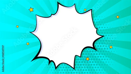 Pop art splash background, explosion in comics book style, blank layout template with halftone dots, comic bubble. Clouds beams and isolated dots pattern. Thoughts bubble in pop art comics style.