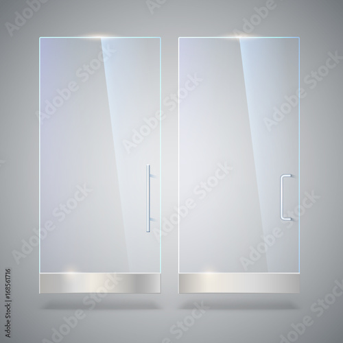 Glass door with reflection and shadows, isolated on grey background. Vector 3D illustration. Transparent glass door, for shop, mall, transparent boutique door, office glass door with metal handles.