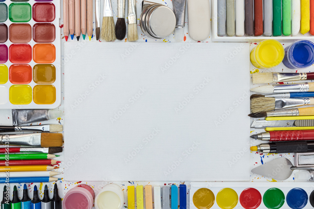 Obraz premium colorful artist tools and accessories frame with copy space