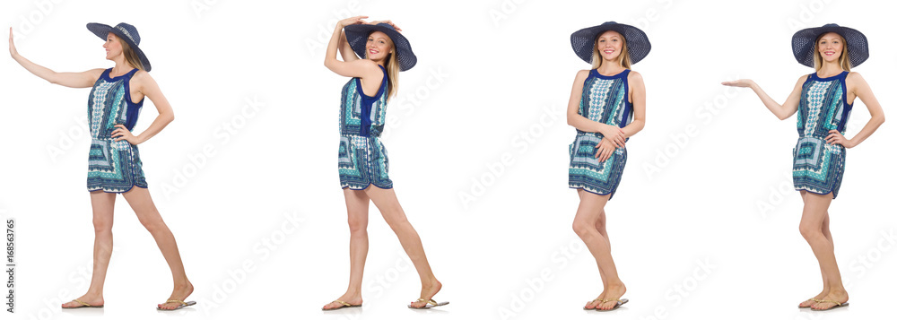 Collage of woman with panama hat isolated on white Collage of woman with panama hat isolated on white