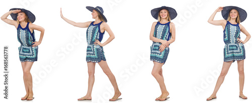 Collage of woman in blue dress and panama on white