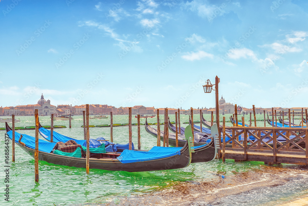 Embankment of the Grand Canal with Gondolas. Venice, Italy.