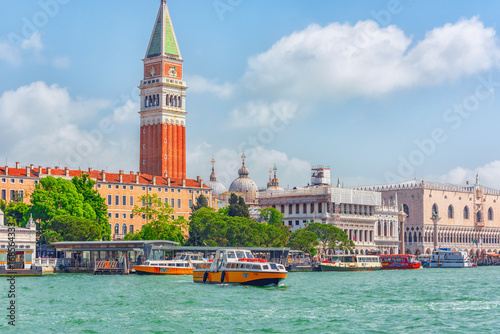 Views of the most beautiful canal of Venice - Grand Canal, and Campanile of St. Mark's Cathedral(Campanile di San Marco),Doge's Palace (Palazzo Ducale). Italy.