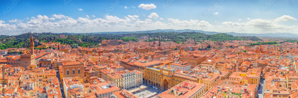 Beautiful landscape above urban and historical view of the Florence from Giotto's Belltower (Campanile di Giotto),city of the Renaissance stand on Arno river.Italy.