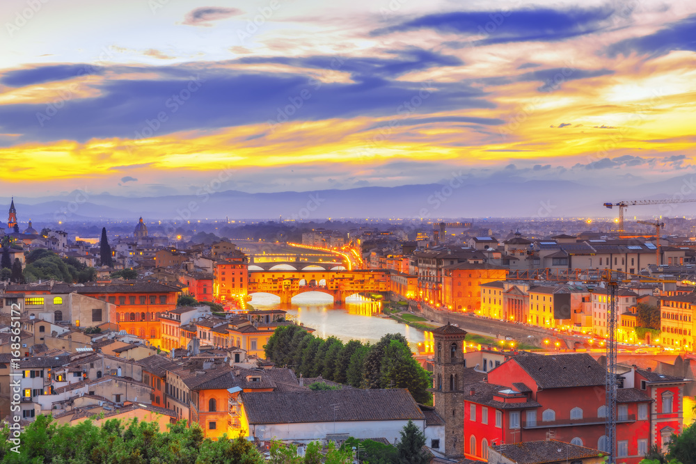 Beautiful landscape above, panorama on historical view of the Florence from  Piazzale Michelangelo point. Night time.Italy.